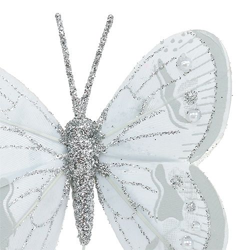 Article Papillon de plumes d’argent, glitter 7cm 4P