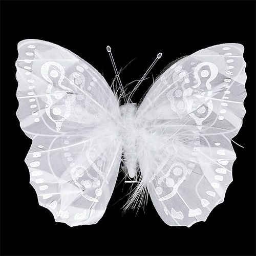 Floristik24 Papillon de plumes 11,5cm avec clip Weiß 3P
