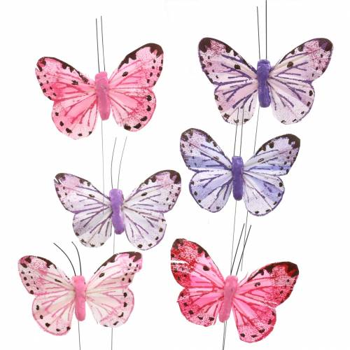 Floristik24 Plume papillon fil métallique rose, violet 7cm 12 p