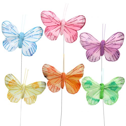 Floristik24 Papillon plume sur fil de couleur 6cm 12pcs