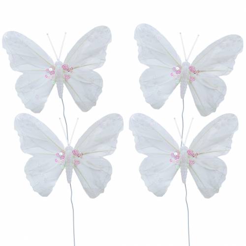 Papillon plume sur fil 12cm blanc 3pcs Papillon plume sur fil 12cm blanc 3pcs