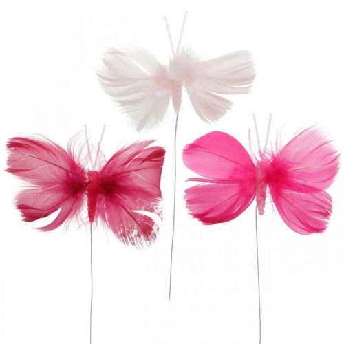 Floristik24 Plumes de papillons rose / rose / rouge, papillons décoratifs sur fil 6pcs