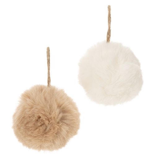 Boule décorative à suspendre en fausse fourrure blanche et beige 7 cm – Lot de 6