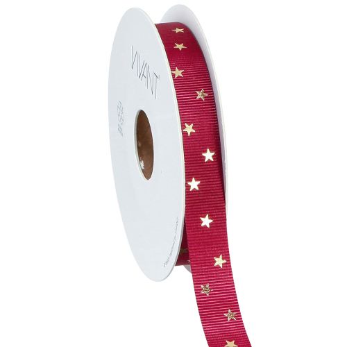Ruban décoratif festif rouge foncé avec étoiles dorées, largeur 15 mm, longueur 20 m
