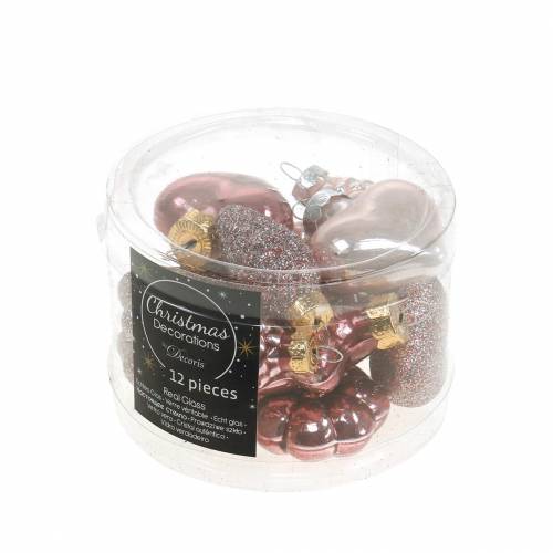Floristik24 Mini mélange de décorations de sapin de Noël en verre assorti rose, rose 12 pièces
