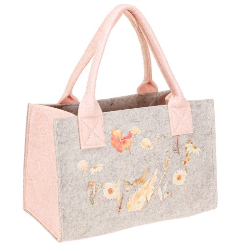 Floristik24 Sac en feutre avec motif floral – Sac cadeau et shopping durable en gris et rose 26 cm 2 pièces