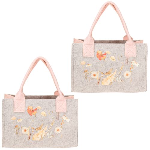 Article Sac en feutre avec motif floral – Sac cadeau et shopping durable en gris et rose 26 cm 2 pièces