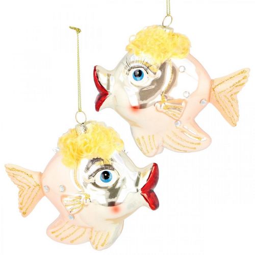 Article Décorations de sapin de Noël poisson, pendentifs décoratifs, décorations de Noël, verre véritable H9.5cm 2pcs