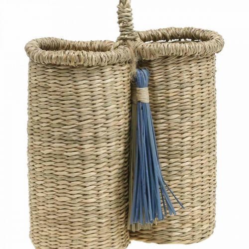 Floristik24 Porte-bouteille en jonc de mer, panier à bouteille tressé, décoration balcon, panier déco pour suspendre nature, bleu H20cm L22cm