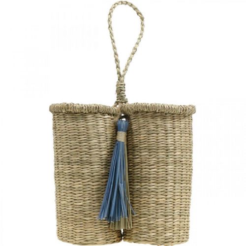 Article Porte-bouteille en jonc de mer, panier à bouteille tressé, décoration balcon, panier déco pour suspendre nature, bleu H20cm L22cm