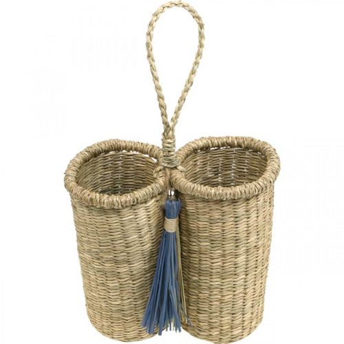 Floristik24 Porte-bouteille en jonc de mer, panier à bouteille tressé, décoration balcon, panier déco pour suspendre nature, bleu H20cm L22cm