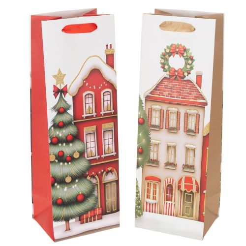 Sachet Cadeau Bouteille Motifs Noël Maison Sapin 36cm Lot de 2 acheter | Floristik24.fr