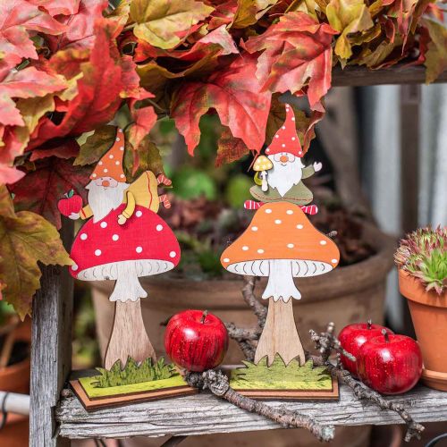 Article Amanite mouche pour l&#39;automne, décoration bois, gnome sur champignon orange / rouge H21 / 19,5cm 4pcs