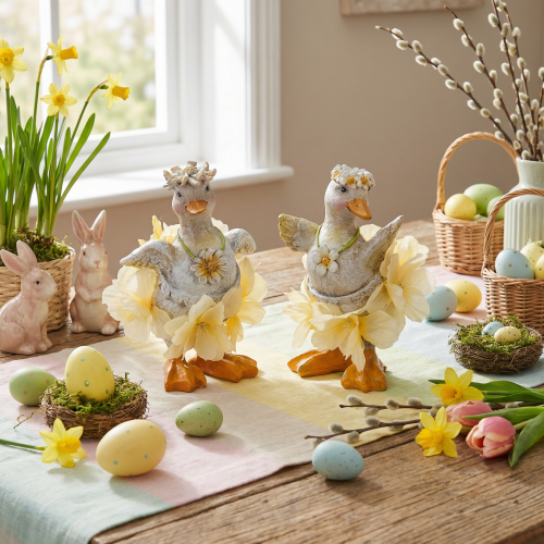 Article Figurine décorative de canard en robe à fleurs, accessoire de décoration printanier ou estival, 11 cm, lot de 2.