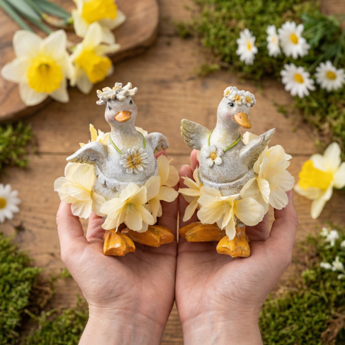 Article Figurine décorative de canard en robe à fleurs, accessoire de décoration printanier ou estival, 11 cm, lot de 2.