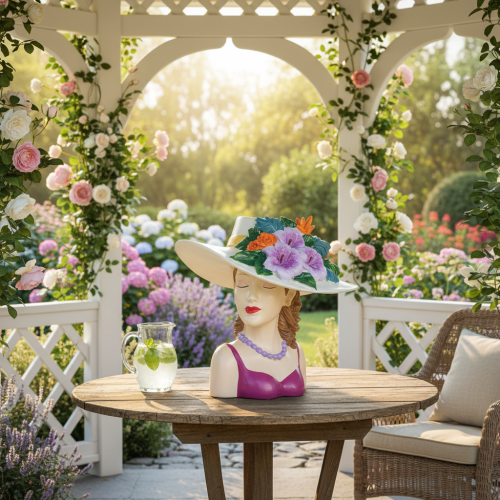 Article Vase décoratif représentant une femme coiffée d'un chapeau, avec des fleurs, pour l'intérieur et l'extérieur, 20 cm.