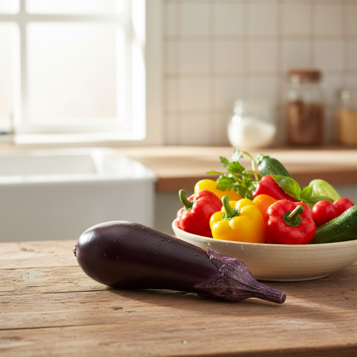 Article Décoration végétale aubergine alimentaire factice 15cm