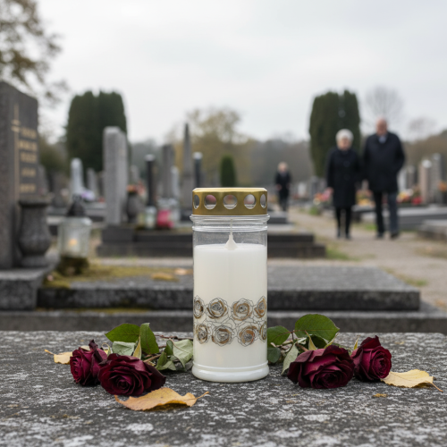 Article Bougie funéraire roses blanches or lumière de deuil Ø7cm H18cm 77h