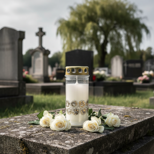 Article Bougie funéraire roses blanches or lumière de deuil Ø7cm H18cm 77h