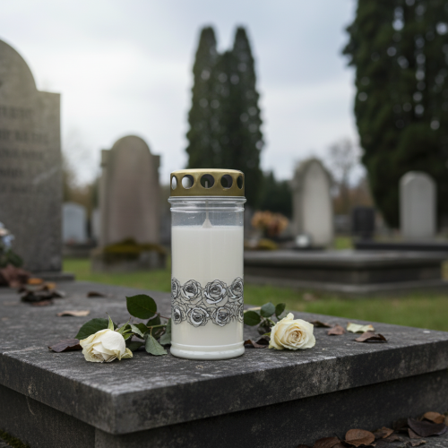 Article Bougie funéraire roses blanches argent lumière de deuil Ø7cm H18cm 77h