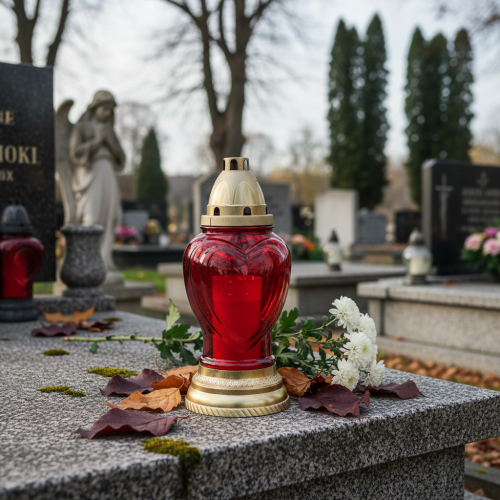 Article Lanterne funéraire en verre en forme de cœur rouge Ø10,5cm H25,5cm