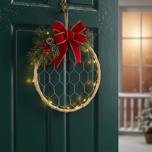 Couronne suspendue lumineuse avec ruban rouge pour porte mur ou entrée