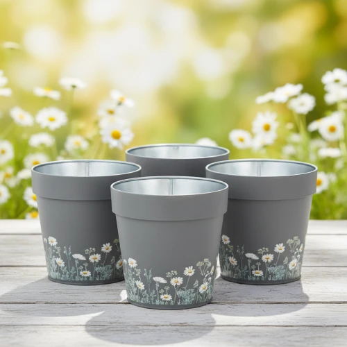 Cache-pots gris décoratifs avec petites fleurs blanches pour rebord de fenêtre