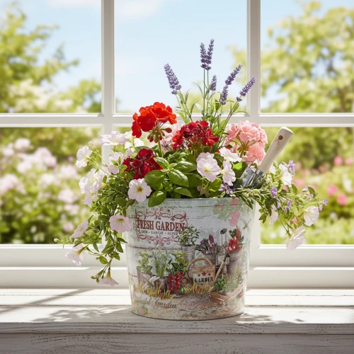 Fleurs artificielles colorées dans un pot décoratif près de la fenêtre