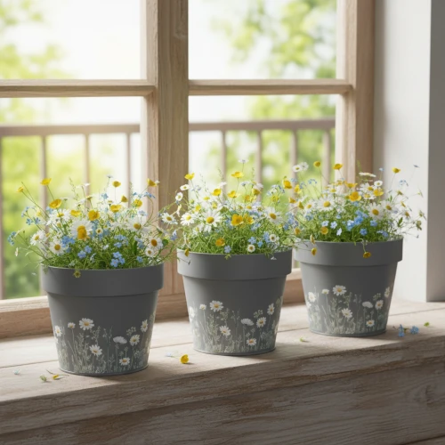 Petites plantes décoratives en pots gris sur un rebord de fenêtre