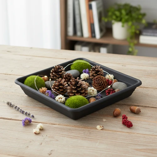 Plateau décoratif avec mousse pommes de pin et matières naturelles pour une table basse chaleureuse