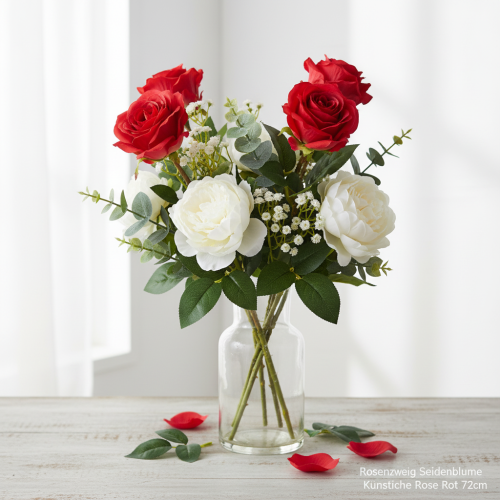 Article Branche de rose fleur artificielle en soie rose rouge 72cm