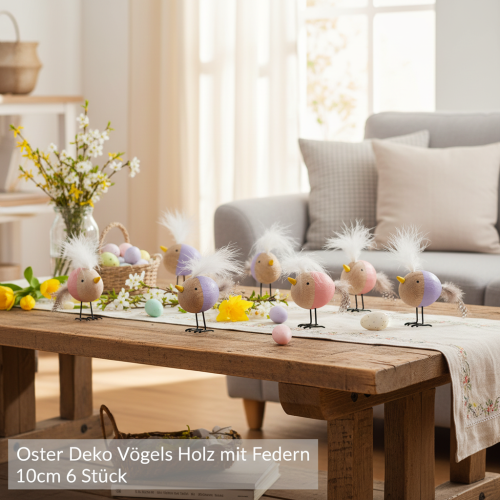 Article Oiseau décoratif en bois avec plumes et corps coloré, pour décoration de table, 10 cm, lot de 6