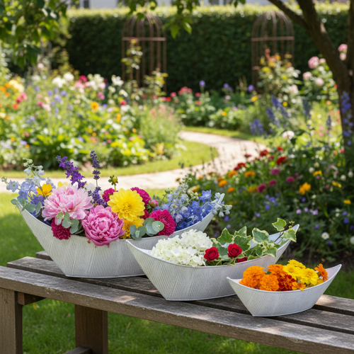 Article Pot de fleurs en forme de bateau, en métal blanc/argenté, 54,5/48/42 cm, lot de 3