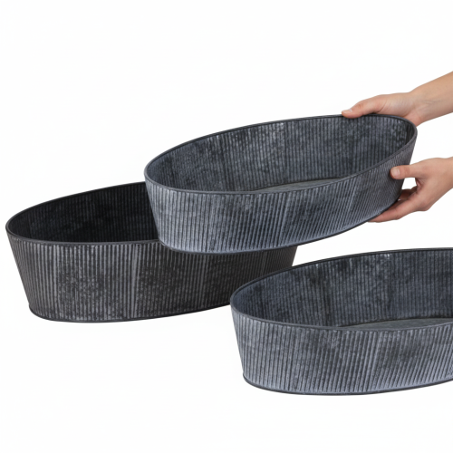 Article Bol ovale en métal, noir et gris, style vintage, 32,5/37 cm, lot de 2.