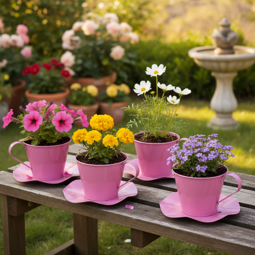 Article Tasse à thé décorative en métal rose avec soucoupe, Ø 12 cm, H 10 cm, lot de 8