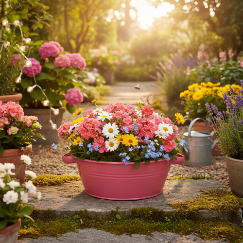 Article Coupe à fleurs ronde en métal rose avec anses, Ø33,5 cm