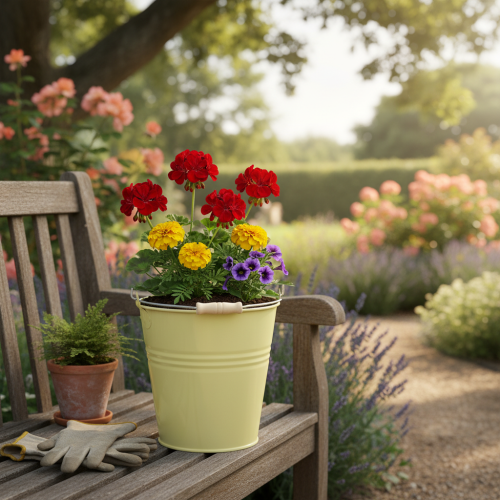 Article Seau/pot de fleurs en métal jaune verdâtre, 26 x 22,5 x 23 cm, 6 l