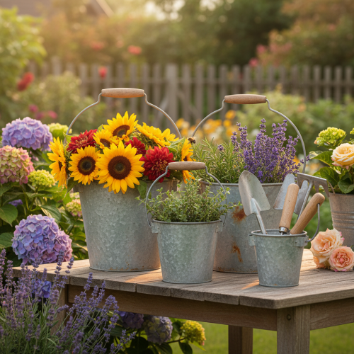 Article Seau décoratif vintage en métal rouillé Ø15/17,5/22 cm, lot de 3