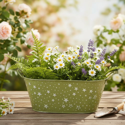 Article Bol ovale en métal vert, décoré d'étoiles et muni d'anses, 31 × 16 cm, H 12,5 cm