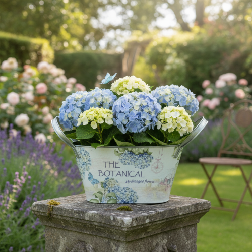 Article Coupe à fleurs avec anses, motif hortensia, métal, 26 × 13 × 14,5 cm