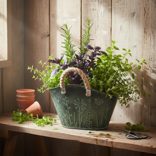 Article Pot de fleurs avec anses, sac, métal, jute, 19×13,5×13,5 cm