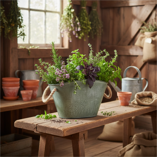 Article Pot de fleurs avec anses, sac, métal, jute, 24,5 × 17 × 15,5 cm