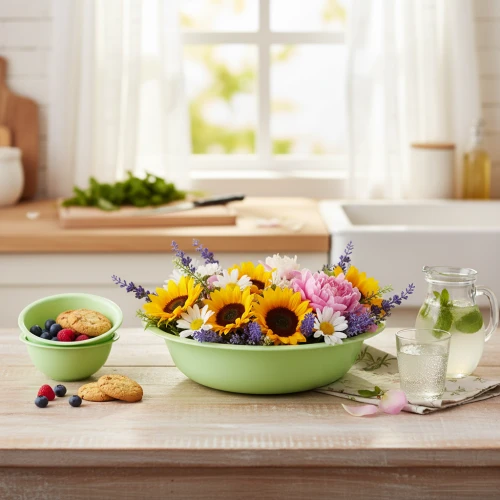 Table de brunch avec fleurs fruits et couleurs fraîches