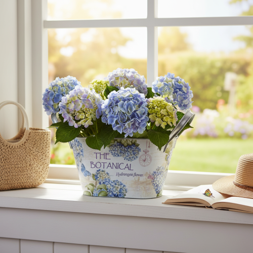 Article Coupe à fleurs avec anses, motif hortensia, métal, 26 × 13 × 14,5 cm