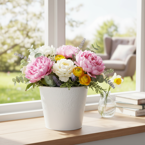 Cache-pot en métal blanc avec motif floral, Ø16 cm H14 cm | Floristik24.fr