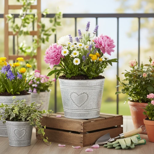 Cache pot zinc avec fleurs pour table de jardin et terrasse