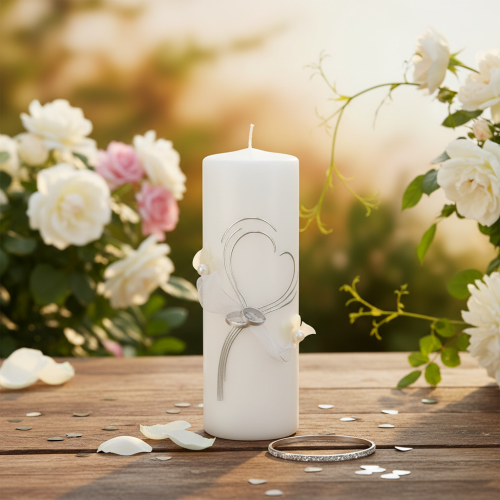 Article Bougie de mariage festive ornée d'un élégant motif en forme de cœur, de décorations argentées et d'un ruban d'organza – idéale pour les mariages et les noces d'argent, 230 x 80 mm