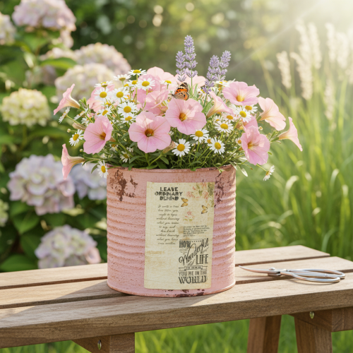Article Boîte décorative en métal, rose antique, pour planter, Ø11cm H10,5cm