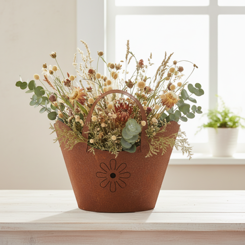 Article Sac de jardinière en métal, pot décoratif, finition rouille avec poignées, H37cm