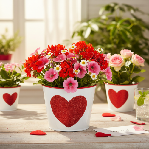 Cache-pot blanc en métal avec cœur rouge pailleté Ø13cm H10,5cm | Floristik24.fr